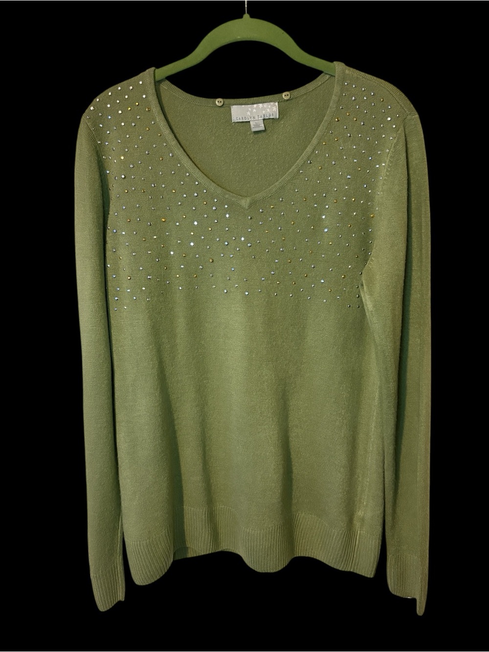 Carolyn Taylor Olive Green V-Neck Sweater with Rhinestone Accents